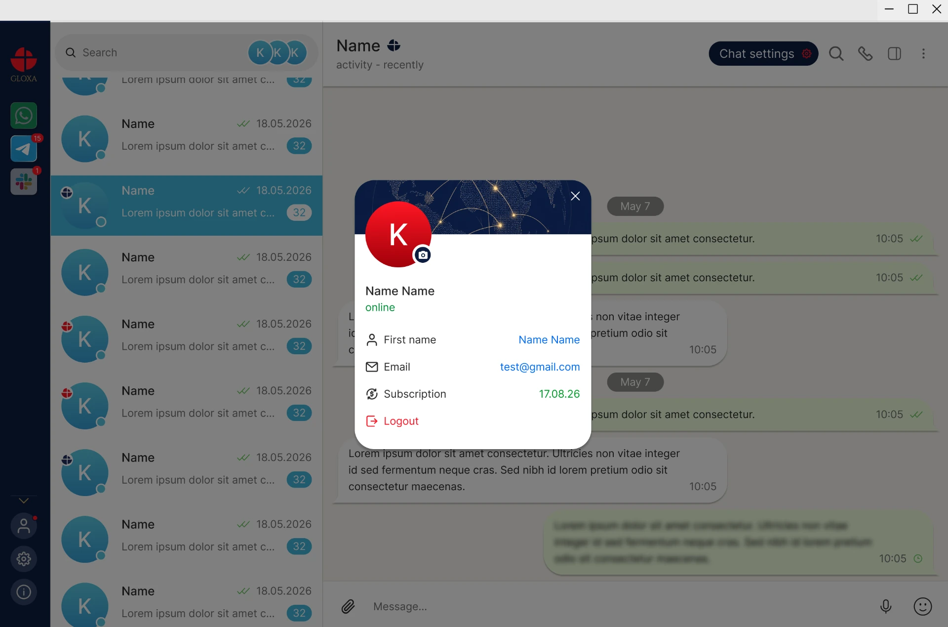 GLOXA account panel showing profile, email and subscription details