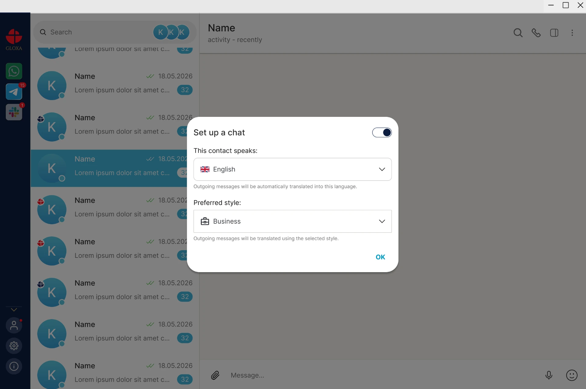 GLOXA chat settings for language and communication preferences