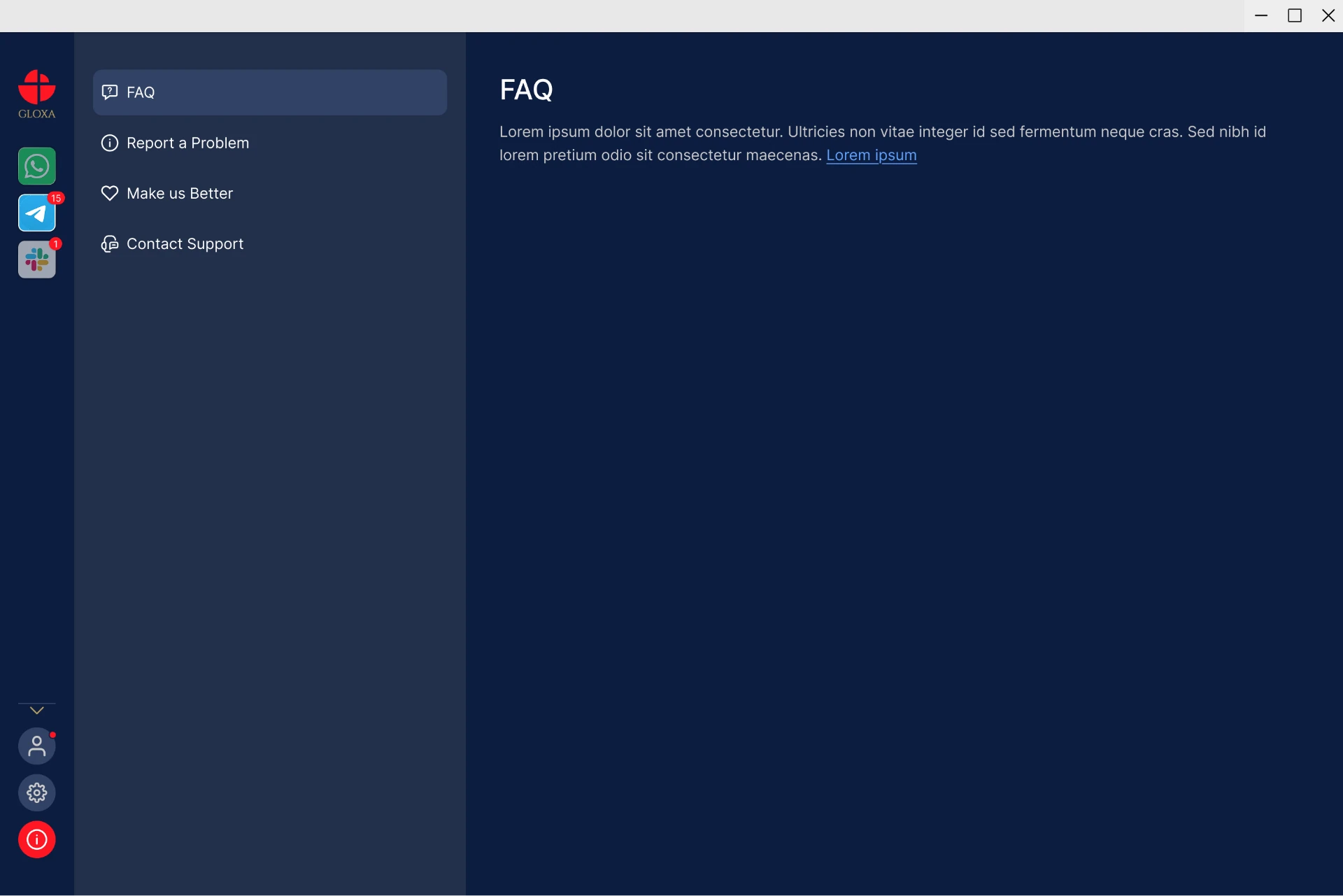 GLOXA help center with FAQ and support