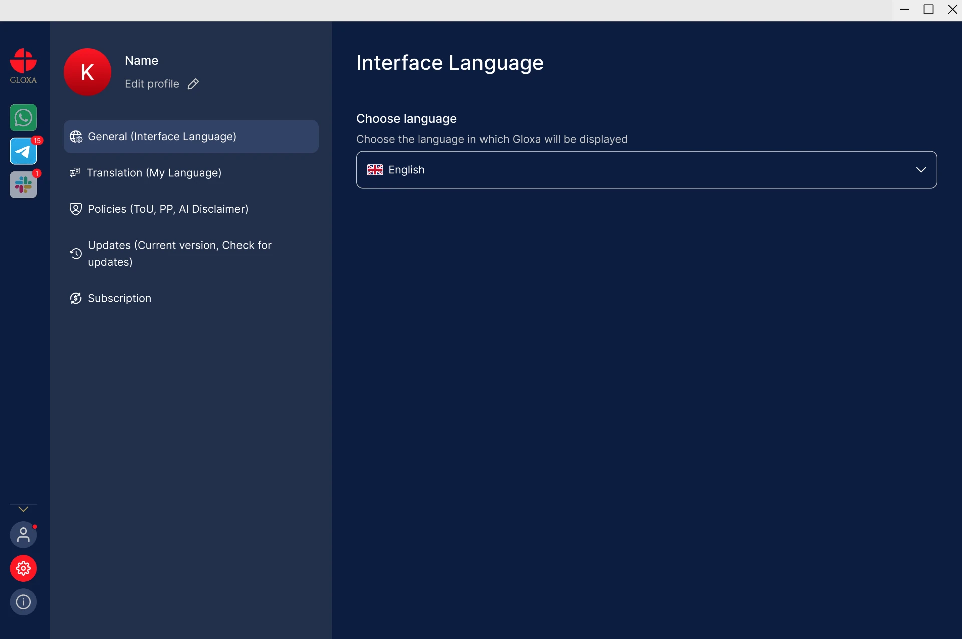 GLOXA settings with language and privacy preferences
